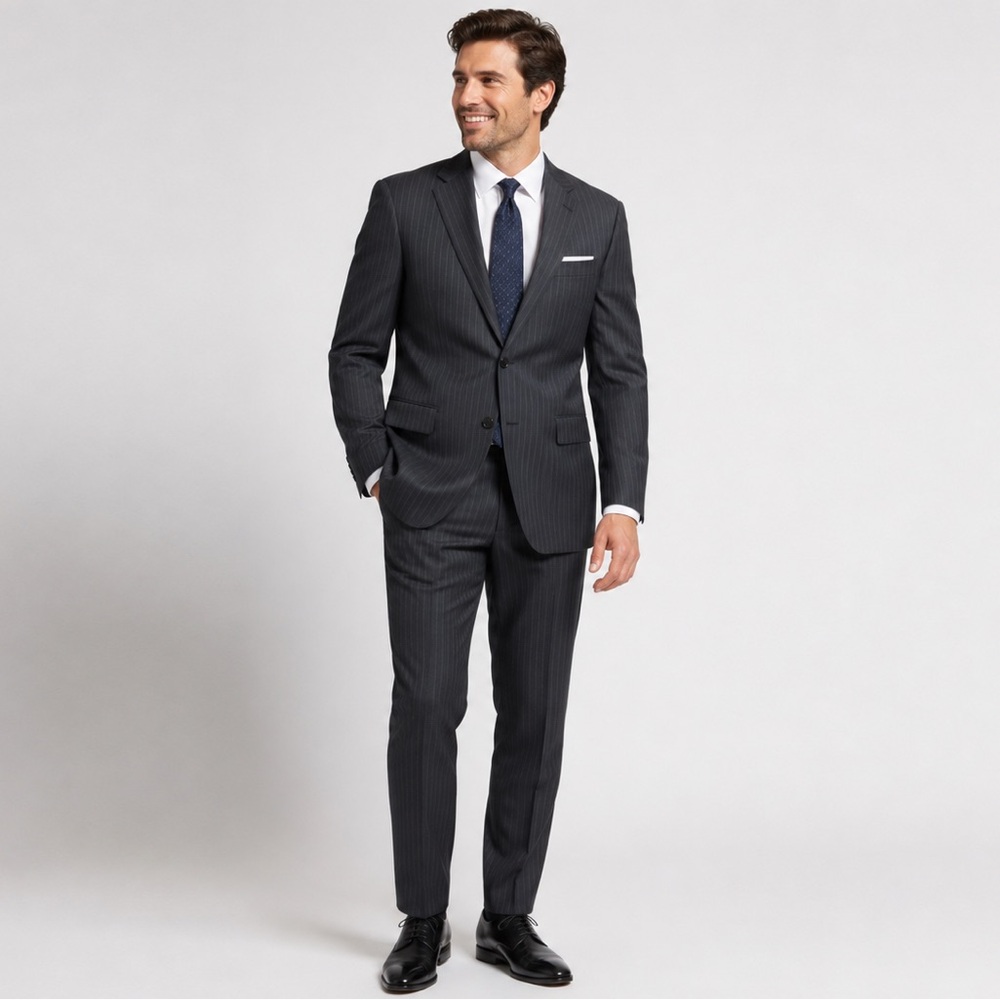 Lauren Ralph Lauren 46R Gray Pinstripe 2 Pc Wool Suit 44x28 Made Indonesia